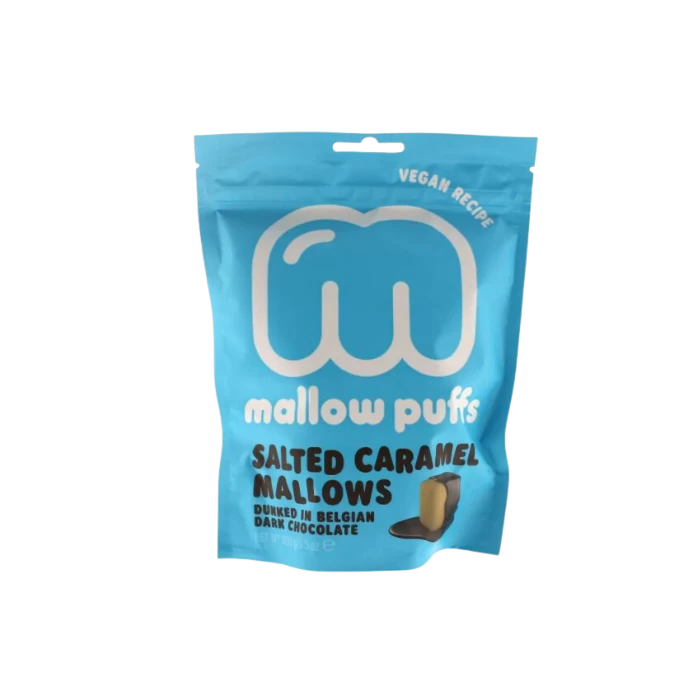 Mallow Puffs VEGAN Pure Chocolade Gezouten Karamel Marshmallows 3 Mallow Puffs VEGAN Pure Chocolade Gezouten Karamel Marshmallows